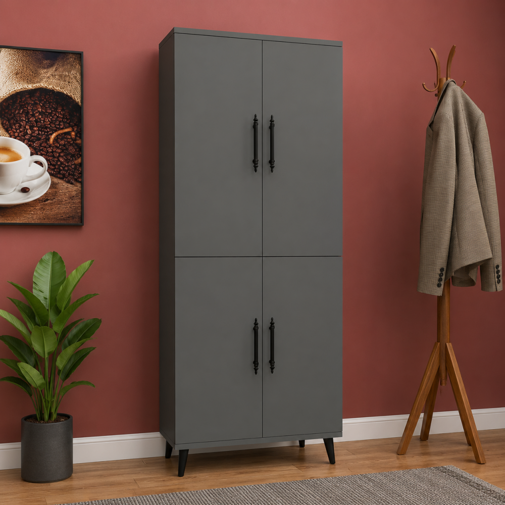 4 Kapaklı Antrasit MDF Çok Amaçlı Dolap | Modern Depolama Dolabı