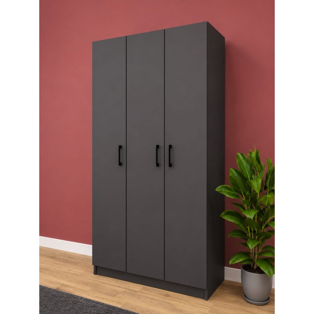 3 Kapaklı Antrasit MDF Gardırop | Modern Elbise Dolabı