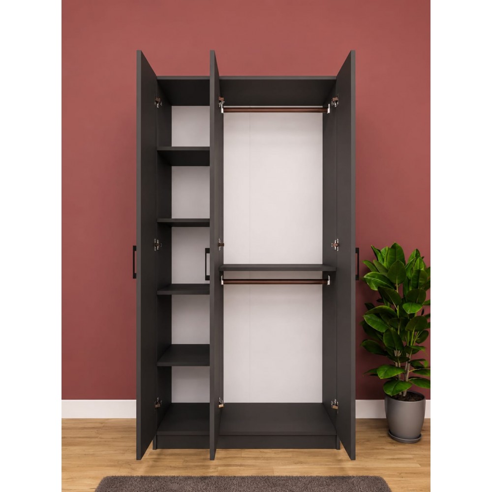 3 Kapaklı Antrasit MDF Gardırop | Modern Elbise Dolabı