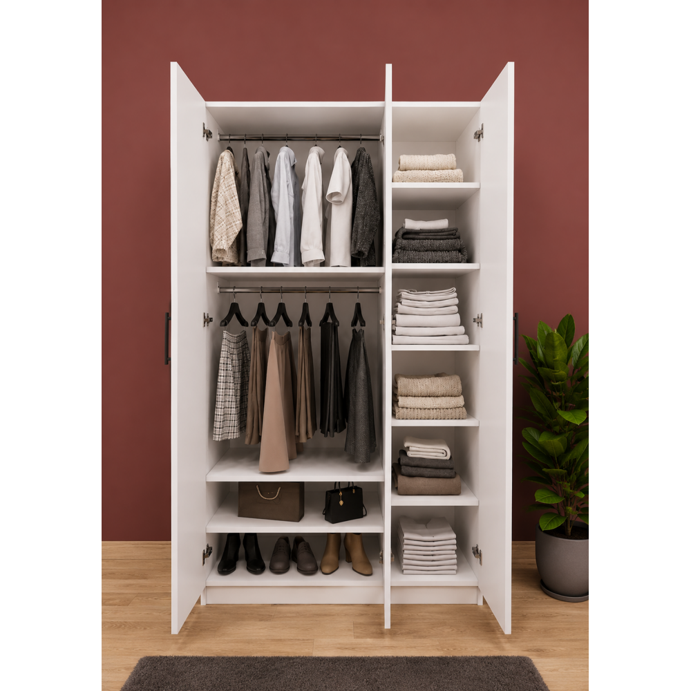 3 Kapaklı Beyaz MDF Gardırop | Modern Elbise Dolabı