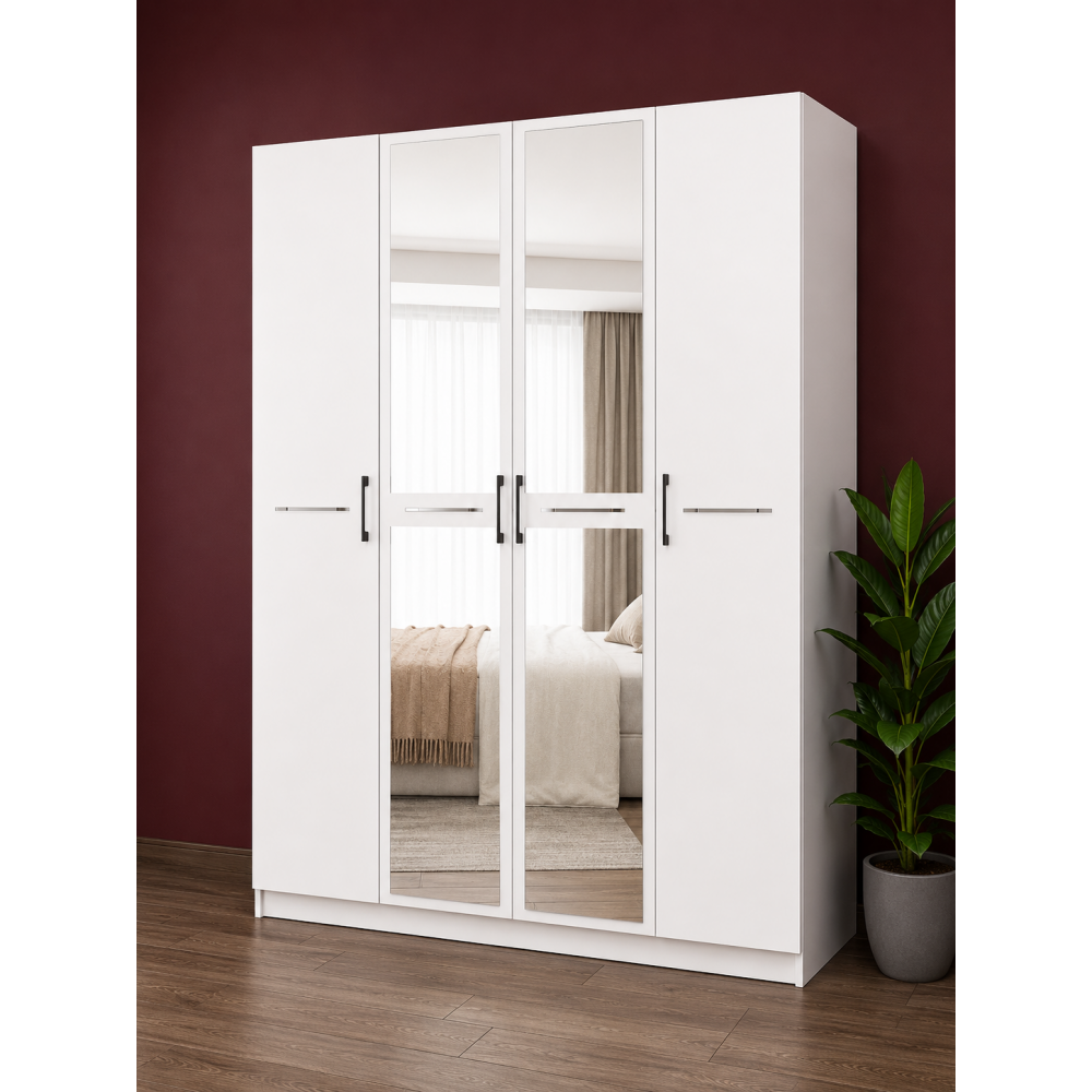 4 Kapaklı Aynalı Beyaz MDF Gardırop | Modern Elbise Dolabı