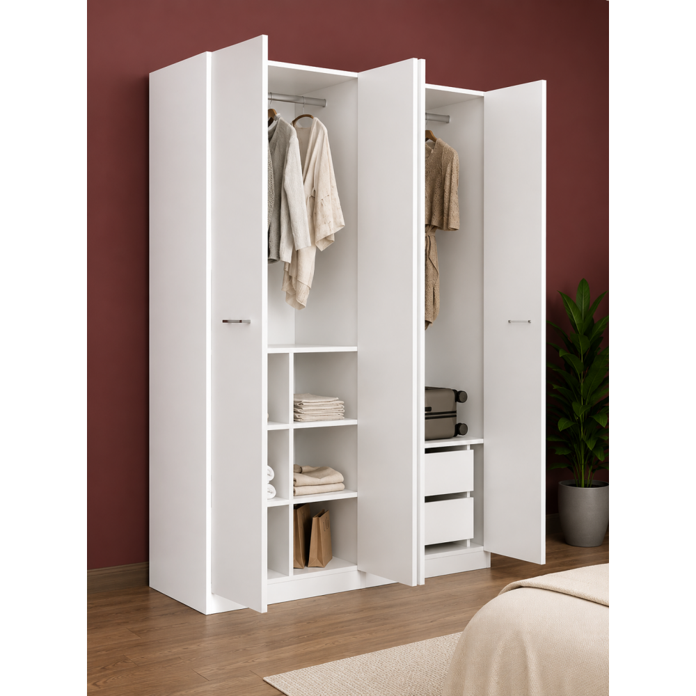 4 Kapaklı Aynalı Beyaz MDF Gardırop | Modern Elbise Dolabı